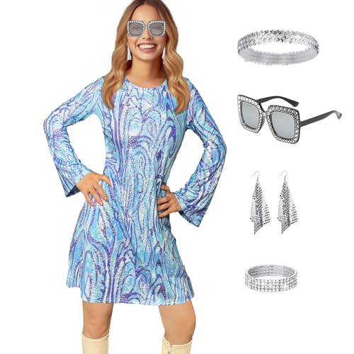 JINGTOPS Robe Disco Femme, Femme deguisement Disco Annee 60 70 80 avec Boucles d'oreilles Bracelet LunettesRétro Costumes Hippie de Carnaval Fancy Dress Outfit, Halloween, Carnival Accessoire (S)