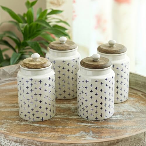 Image of ExclusiveLane 'StarMark' Airtight Ceramic Jars for Kitchen Storage (Set of 4, Each Jar Capacity : 670 ml, 18 Cm) |Ceramic Jar with Wooden Lid Salt Jars Multi-Utility Snacks Jars & Containers