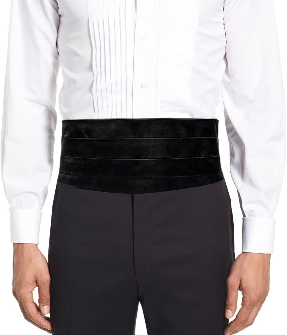 Made in Italy Men's Black Velvet Cummerbund Tuxedo Belt, Four Folded (Large: Adjustable from 36'' to 44'')