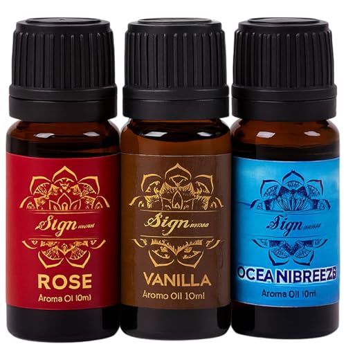 Image of Signamio 3 Pcs Essential Oil Set - Premium Reed Diffuser Fragrance Aroma Oil Collection for Home & Office - Long-Lasting Scented Essential Oil Blends for Relaxation & Wellness - Vanilla, Rose, Ocean