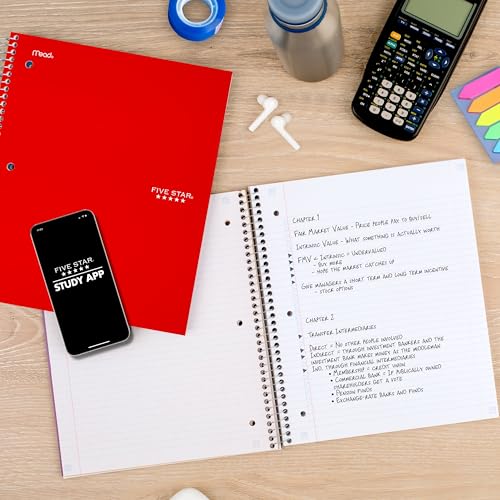 Image of Five Star Spiral Notebook + Study App, 5 Subject, College Ruled Paper, 8-1 /2 inch x 11 inch, 200 Sheets, Fights Ink Bleed, Water Resistant Cover, Fire Red (72077)