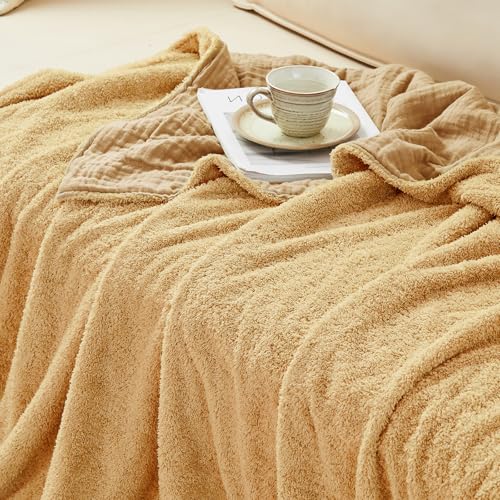EMME Muslin and Fleece Twin Blanket Reversible - 60"*80" Beige Soft Warm Throw Blankets for Couch Bed Picnic Travel Bed
