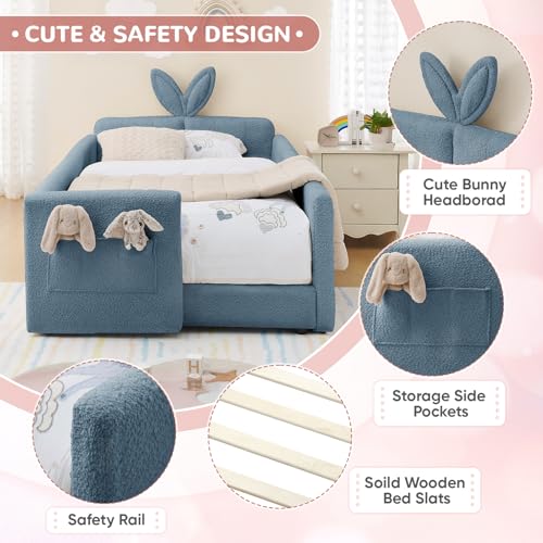 Image of Twin Size Kids Bed with Rabbit Ear Headboard, Upholstered Boucle Fabric Twin Daybed with Slats Support & Side Pockets, Space-Saving Wooden Corner Sofa Couch Bed Frame for Girls, Boys, Teenager(Blue)