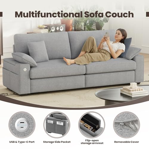 Image of MALOL 89 inch Loveseat Couch, 3 Seater Upholstered Mid-Century Mondern Love Seat with USB Type C Ports, 4 Pillows and Storage Armrest Cloud Foam Sofa for Living Room /Small Spaces, Grey