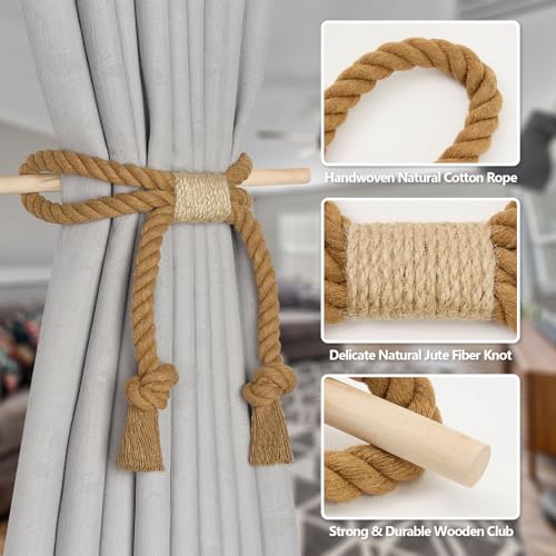Pretty Jolly 2 Pack Natural Cotton Rope Curtain Tiebacks Boho Rustic Style Decorative Drape Tie Backs Farmhouse Hand-Woven Curtain Holdbacks with Wood Club for Home Office Drapery (Cotton knot-Khaki) - Image 3