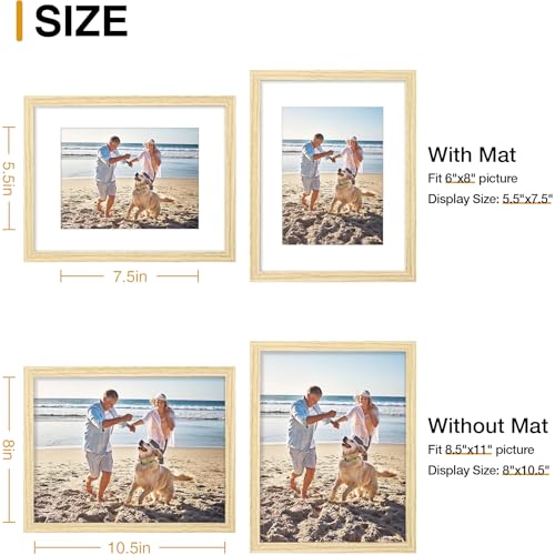 decorUhome 8.5 by 11 Picture Frame, Display Pictures 6x8 with Mat or 8.5x11 without Mat, Wall & Tabletop Display Certificate Frame, Natural, 1 Pack