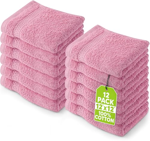 Image of Utopia Towels 12 Pack Premium Wash Cloths Set, 12 by 12 Inches, 100% Cotton Ring Spun, Highly Absorbent and Soft Feel Essential Washcloths for Bathroom, Spa, Gym, and Face, Pink