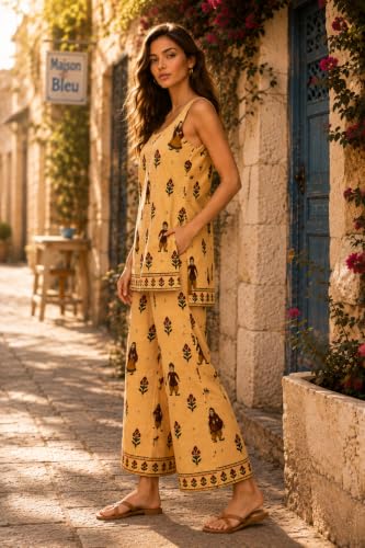 Image of JAIPUR HAND BLOCK Women's Pure Cotton Kurta Palazzo Set salwar suit| Printed Sleeveless Straight Kurta & Matching Palazzo | office Wear | festive (st156-broad)