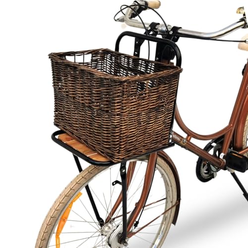 Fahrrad Gepäckträger vorne Frontgepäckträger - Fahrradgepäckträger Vorderrad - Red Loon Fahrrad Frontträger - Stahl/Holz Front Loader - Gepäckträger vorne universell - inkl Fahrradkorb aus Rattan
