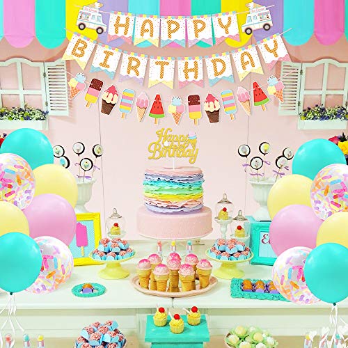 Ice Cream Birthday Banner And Cake Topper Summer Colorful Ice Cream Themed Kids Birthday Party Supplies #TOP4