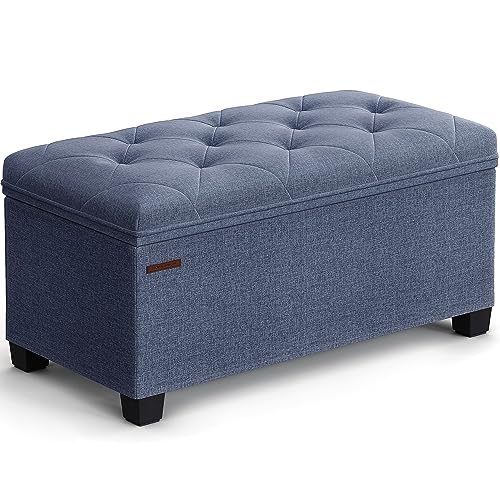 SONGMICS Storage Ottoman Bench, Foot Rest with Legs, 15.7 x 43.3 x 15.7 Inches, End of Bed Bench, Storage Chest, Load up to 660 lb, for Living Room, Bedroom, Entryway, Light Denim Blue ULSF0
