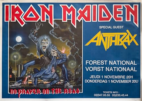 Affiche de concert Iron Maiden Anthrax Belgique 1990 grand poster mural vintage 61x91cm