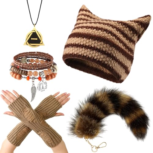 Newcotte 5 Pcs Therian Gear Stuff Beanie Hat Therian Necklace Glove Bracelet Tail Keychain Y2k Fairy Grunge Accessories(Classical Brown)