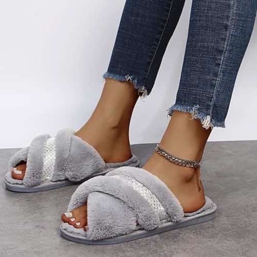 Open Toe Fuzzy Faux Fur Slippers for Women House Bedroom Cozy Furry Cross Bands Slide House Shoes Anti-Skid Sole Sandals(38/39 EU, Gray)3