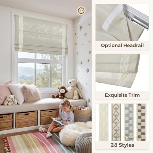 Image of TWOPAGES Isabella No Drill Cordless Roman Shade Linen Textured Cotton Roman Blind for Windows, Custom Made Room Darkening Blackout Roman Window Shade, Hardware Included, Seedpearl, 1 Piece
