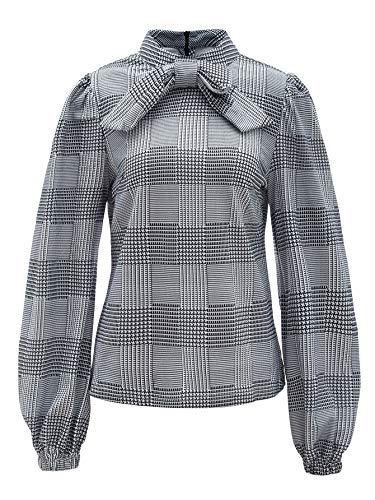 Romwe Women's Vintage Bow Tie Neck Bishop Sleeve Plaid Workwear Blouse Top Grey Xs #TOP3