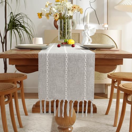 Wracra Ferme Décor Gris Chemin de Table Coton Lin Chemin de Table 275cm avec Glands à la Main pour la fête, décorations de Salle à Manger décoration de...