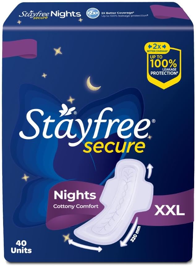 Stayfree Secure Nights XXL | 40 Pads| Cottony Soft Sanitary Pads for Women | Upto 100% leakage protection | Buy XXL at XL price | Absorbs 2x Faster with Wider Back |