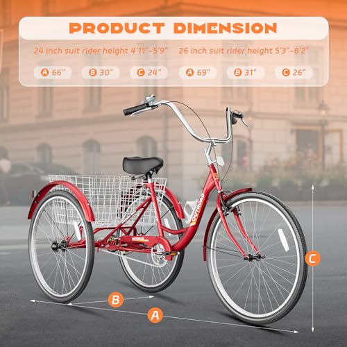 Image of Max4out Adult Tricycle with Large Basket 24 /26 Inch, Stable 3 Wheel Cruise Bicycle for Shopping, Beach and City Trike Perfect for Men, Women, Seniors(Blue /Purple /Red)