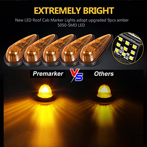 Premarker 5Pcs Amber 9 Led Teardrop Top Roof Cab Marker Running Clearance Lights Assembly [Dot Compliant] [Universal Fit] For Trucks Van Rv Motorhome International Kenworth Peterbilt Freightliner #TOP1