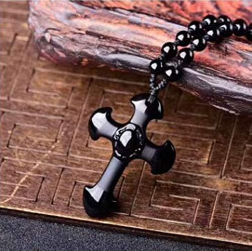 Crystal black Obsidian cross necklace Amulet pendant with adjustable bead chain for women or men - Image 2