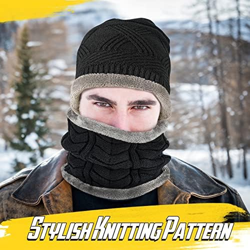 Amazon Brand HIKARO Beanie Hats Gifts for Men Women Hat Scarf Set for Men Double Layers Winter Thermal Hats, Soft Fabric Ski Knitted Beanie Hat Valentine's Day Gifts for Men Women,Black, One Size