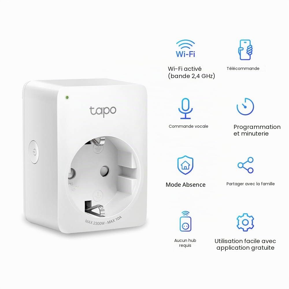 Tapo TP-Link P100 Prise Intelligente Blanc 2300 W P100, avec Fil &sans Fil, Bluetooth/Wi-FI, 2,4-2,4835 GHz, 2,4 MHz, 802.11b,802.11g,Wi-FI 4 (802.11n), WPA,WPA-PSK,WPA2,WPA2-PSK