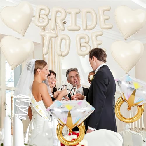 Image of Sand White Bachelorette Party Decorations, Cream White Bride To Be Banner Heart Balloons with Diamond Ring Foil Balloon, Bride To Be Sash&Veil for Bachelorette Engagement Bridal Shower Party Supplies