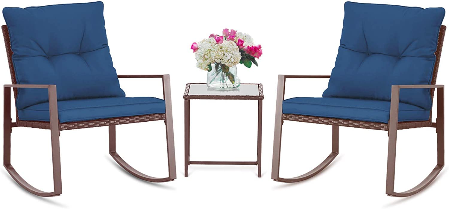 SUNCROWN 3-Piece Outdoor Rocking Chairs Patio Bistro Set Patio Brown Wicker Chairs with Glass Coffee Table, Dark Blue Cushion