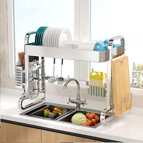 Escurridor de platos de acero inoxidable de 2 niveles sobre el fregadero con soporte para tabla de cortar y escurridor de cubiertos, 62 cm, ahorro de espacio para secar platos