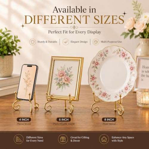 Image of Curated Cart Gold Metal Display Stand for Plates & Frames, 4 inch, Pack of 2 Foldable Tabletop Easel with Curved Design, Decorative Plate Stand for Decor, Photo Frame Stand for Table, Menu & Art Display