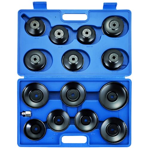 DASBET 15PCS Oil Filter Cap Wrench Tool Cup Type Oil Filter Socket Wrench Set with 3/8 Inch Drive Oil Canister Socket Service Kit with 1/2 inch Adaptor