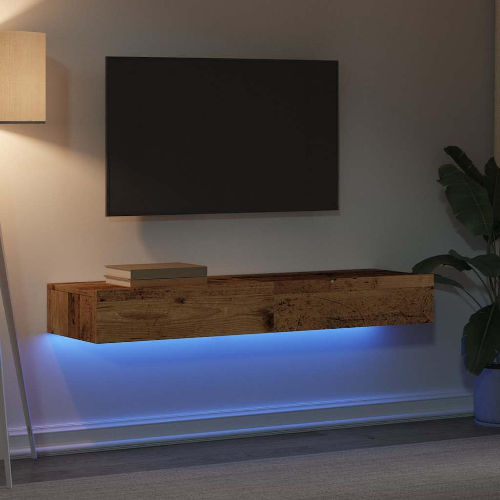 Armario de TV con luces LED, 2 unidades, aspecto de madera envejecida, cómoda de TV, mueble bajo de alta fidelidad, 60 x 35 x 15,5 cm