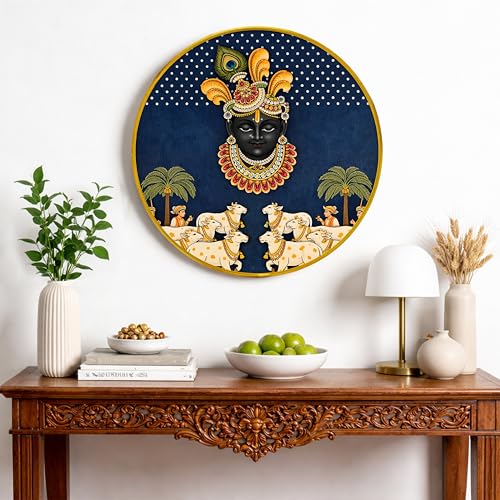 Image of Krishna Pichwai Round Framed Wall Art Painting For Living Room | Religious Shrinathji Spiritual Vastu Wall Art Painting With Frame For Home, Bedroom, Temple & Office, 16 Inch