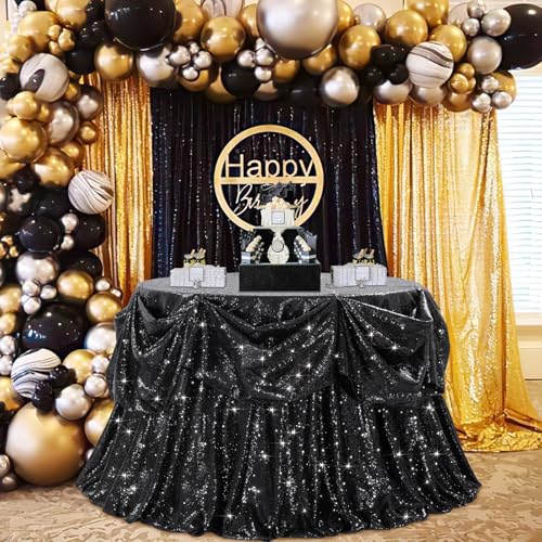 Image of B-COOL Round Tablecloth Sequin Draping Decorations: 132 Inch Tablecloths Black Sequence Overlay Shimmer Fabric for Birthday Dinner Parties Halloween