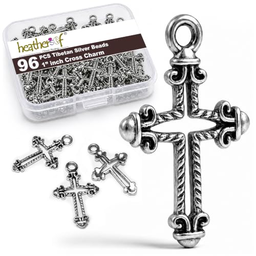 Heather's cf Cross Charms Jewelry Making Silver - Mini Cross Pendants for Bracelet Crafting, Non-Corroding Alloy, Lead-Free, Cadmium-Free, Nickel-Free, Tibetan Silver Coating - (Silver Hollow, 96 Pcs)