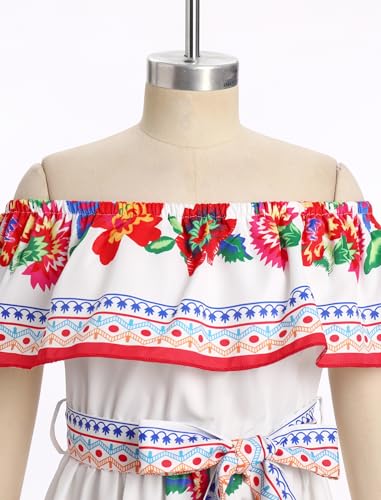 Mexican Dress for Girls Mexican Traditional Folk Floral Print Drape Dress with Flounce Belt Cinco De Mayo Fiesta3