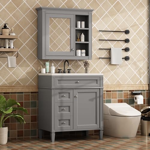 Image of Merax 30 Inch Bathroom Vanity with Sink Set, Modern Bathroom Vanity Storage Cabinet with Matching Mirror Medicine Cabinet, Solid Wood Frame,Painted Finish, 2 Drawers and 1 Tip-Out Drawer, Grey