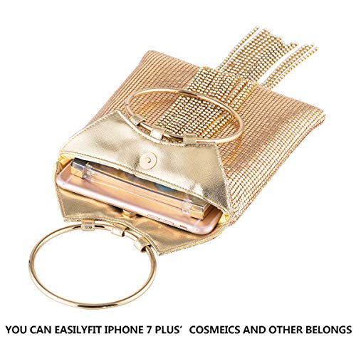 Wrist Handle Cocktail Party Wedding Evening Clutch Crystal Rhinestone Tassels Tote Handbag Metal Mesh Evening Bag #TOP3