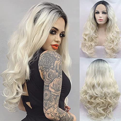 Perruque blonde ombrée dentelle frontale cheveux longs ondulés racines noires femme Karissa