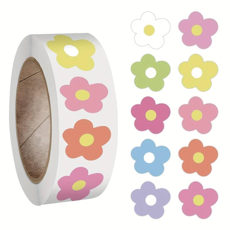 PLAYZOCO Pegatinas de flores multicolor para Niños, stickers de flores infantiles, pegatinas infantiles, Calcomanías Infantiles de flores, Adhesivos flores rollo, 500 pegatinas de 2.5 cm