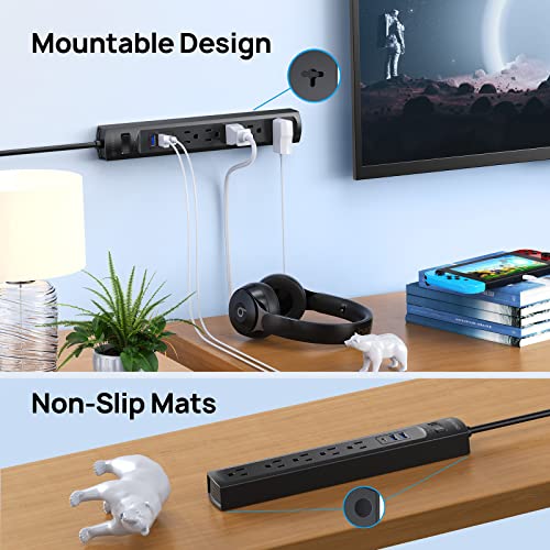 Power Strip Surge Protector, Trond 5 Widely Spaced Outlets With 3 Usb Ports(1 Usb C), 6Ft Extension Cord, Flat Plug, 1440J Surge Protection, Wall Mount For Home Office Dorm Room Essentials, Black #TOP5