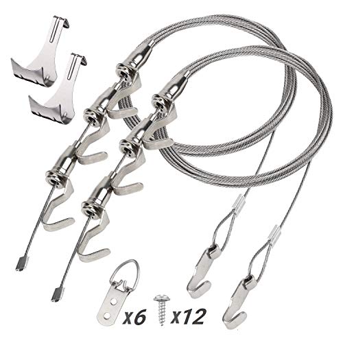 Hyber&Cara 2 x alambre colgante de acero inoxidable de 2mm x 3,5m para cuadros pinturas foto, con ganchos para colgar cuadros ajustables y ganchos de riel de imagen