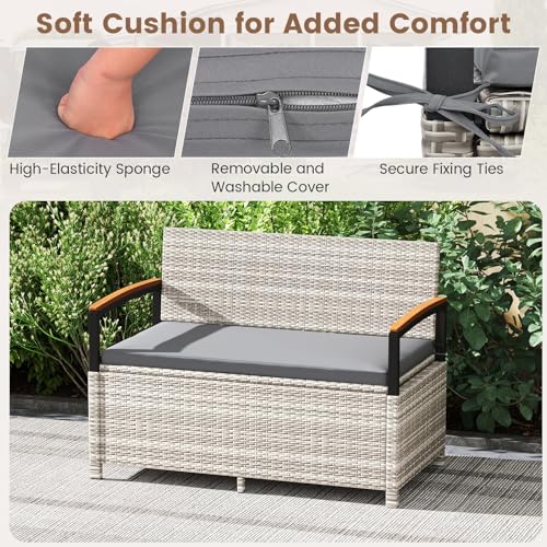 Image of Tangkula 46 Gallon Outdoor Bench with Storage, Outdoor PE Rattan Storage Bench with Cushion, Backrest & Acacia Wood Armrests, Metal Frame, Waterproof Deck Box Seat for Porch Backyard Poolside