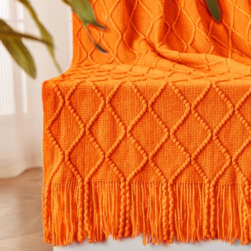 inhand Fall Throw Blanket Burnt Orange for Couch, Soft Living Room Home Decor Knitted Twin Size Blanket, Outdoor Lightweight Breathable Summer Blanket, Farmhouse Warm Woven Decorative, 60"x80"