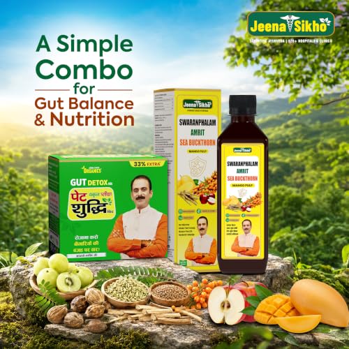 Image of Jeena Sikho Ayurvedic Combo | Pet Yakrit Pleeha Shuddhi Kit & Swaranfalam Amrit Sea Buckthorn (Mango Flavour) | With Amla, Harad & Amlavetasa | For Gut Balance & Immunity | Daily Nutrition Routine