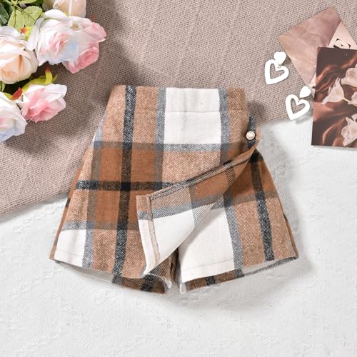 Image of HINTINA Toddler Girl 4 Pieces Outfits Ruffles Long Sleeve Tops Plaid Skirt Jacket And Hat Fall Winter Clothes Set