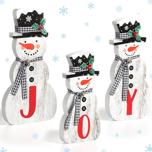 Wenqik 3 Pcs Christmas Snowman Table Top Decoration Joy Wooden Sign Holiday Table Centerpieces Snowman Family Block Decoration for Winter Xmas Mantel Home Shelf Tiered Tray Kitchen Decor