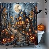 AIBIIN Halloween Duschvorhang, Gruseliges Schloss, Böser Kürbis, Kürbislaterne, Gothic Haus, Vollmond, Toter Baum, Fledermaus Duschvorhänge, wasserdichte Badezimmer-Dekoration mit 12 Haken, 180x180cm