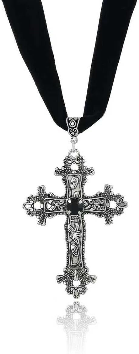 PINK TOWN Gothic Black Lace Choker Necklace for Women Vintage Black Red Crystal Cross Pendant Necklace Goth Cross Necklace Halloween Birthday Party Jewelry